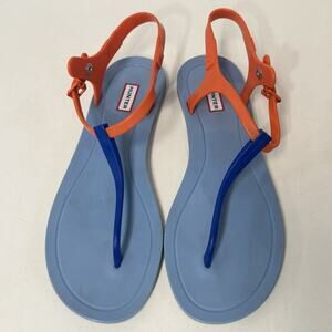 Hunter Womens Size 8 T Strap Sandals Blue Orange Thong Flat Jelly Rubber Shoes